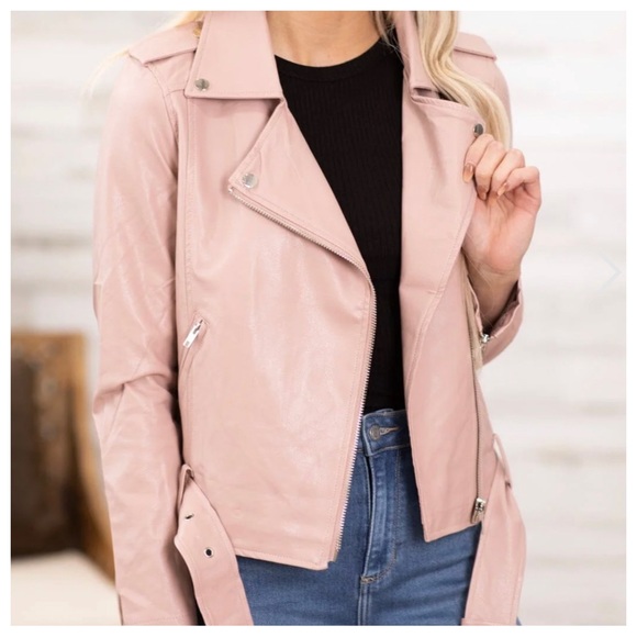 Fabulous Chic Vegan Leather Pink Motto Zipper Biker Jacket - Picture 2 of 4